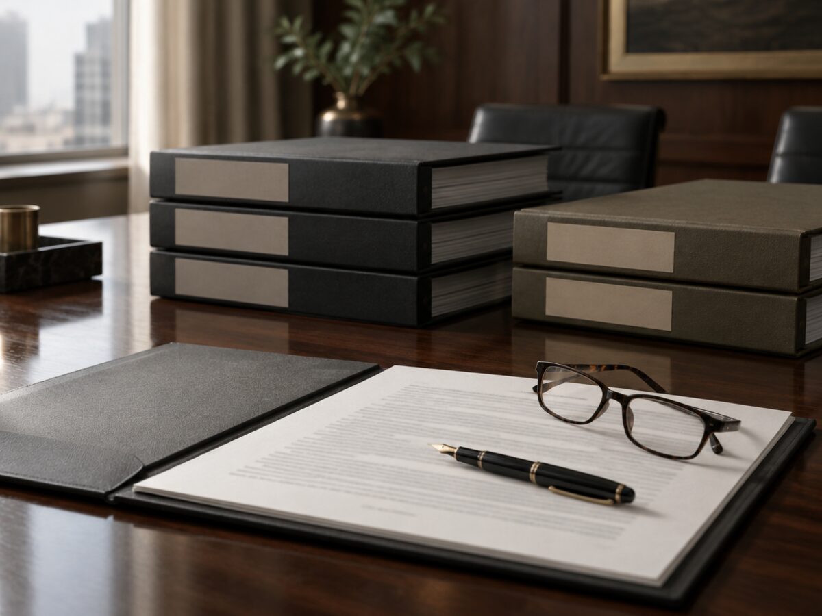 Illustration: bound due-diligence binders, an open folder, a pen and reading glasses on a boardroom table