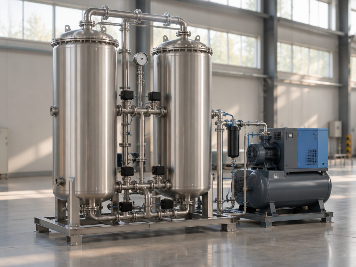 Illustration: two stainless steel adsorber towers and a compressor in a factory hall