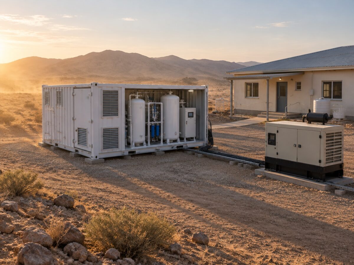 Illustration: a containerised medical oxygen plant beside a field clinic on a remote desert site