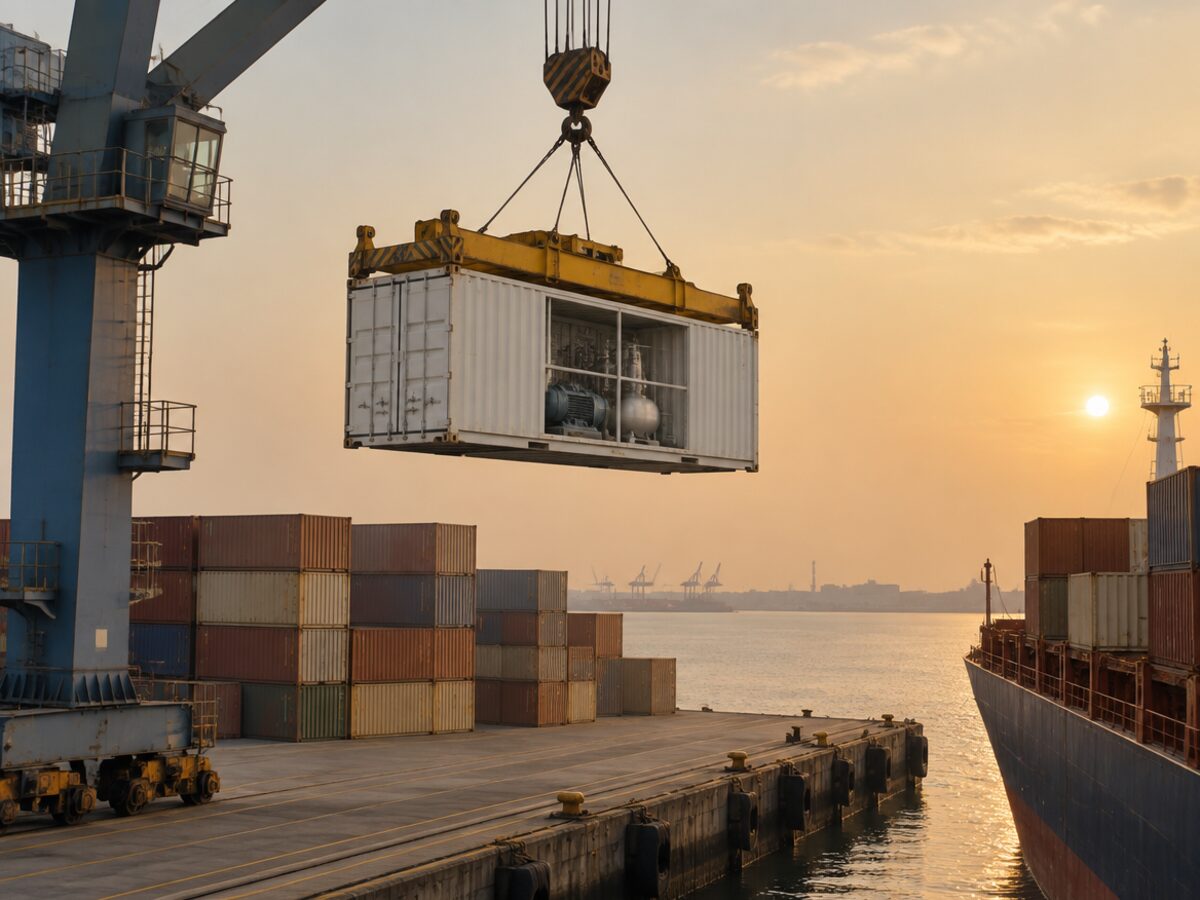 Illustration: a container of industrial equipment lifted onto a ship at a Gulf port