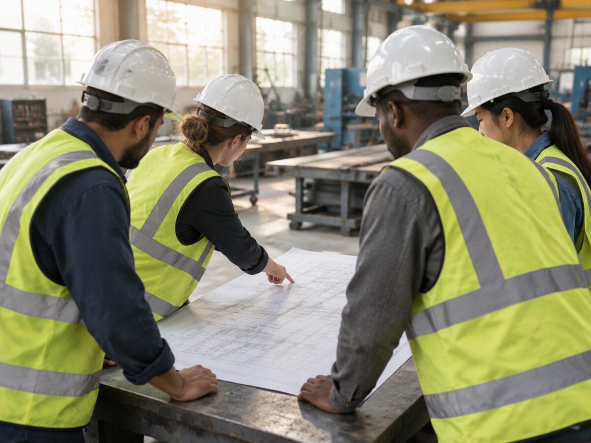 Illustration: an engineering team in hard hats and hi-vis vests around a technical drawing